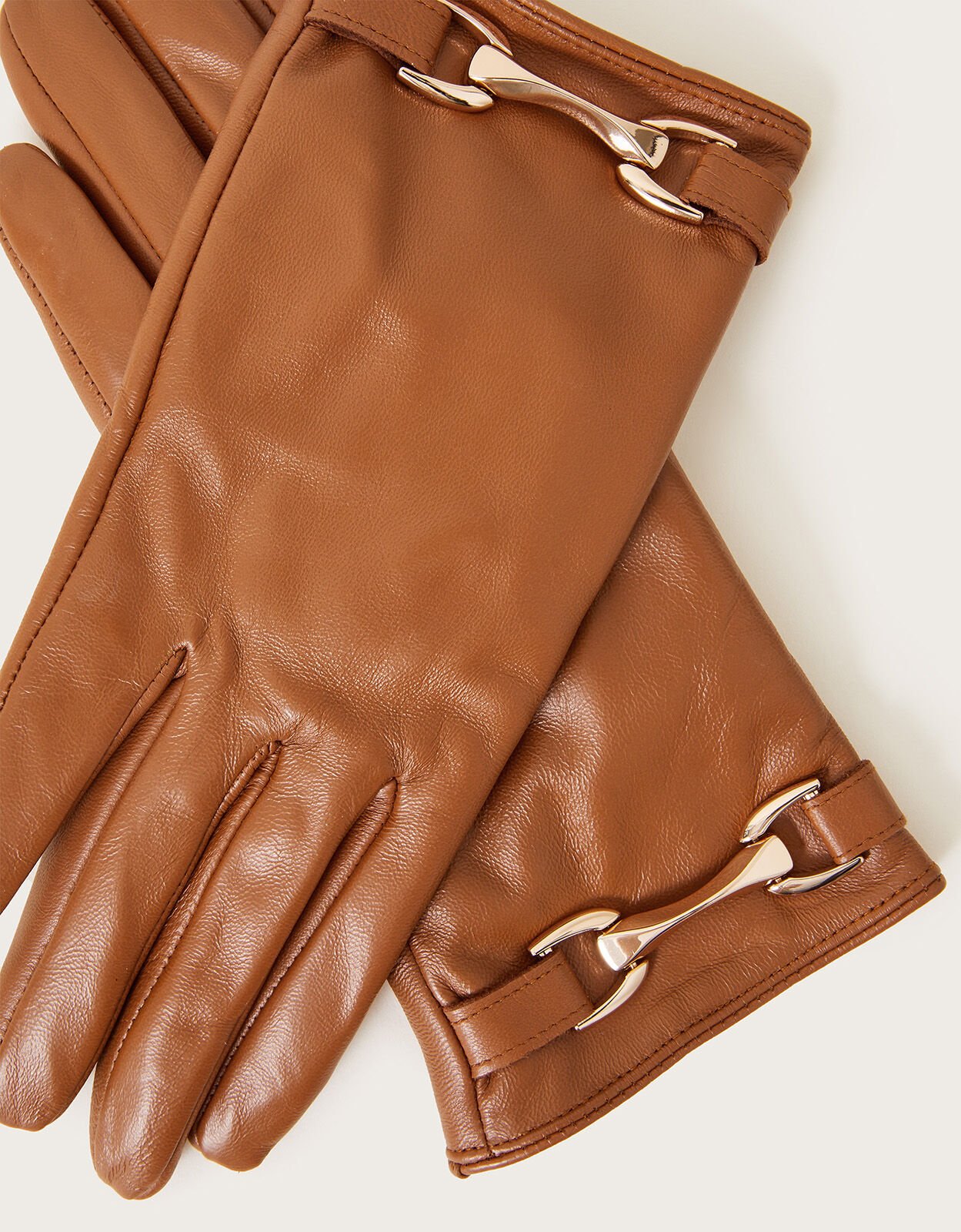 Leather Metal Trim Gloves Tan