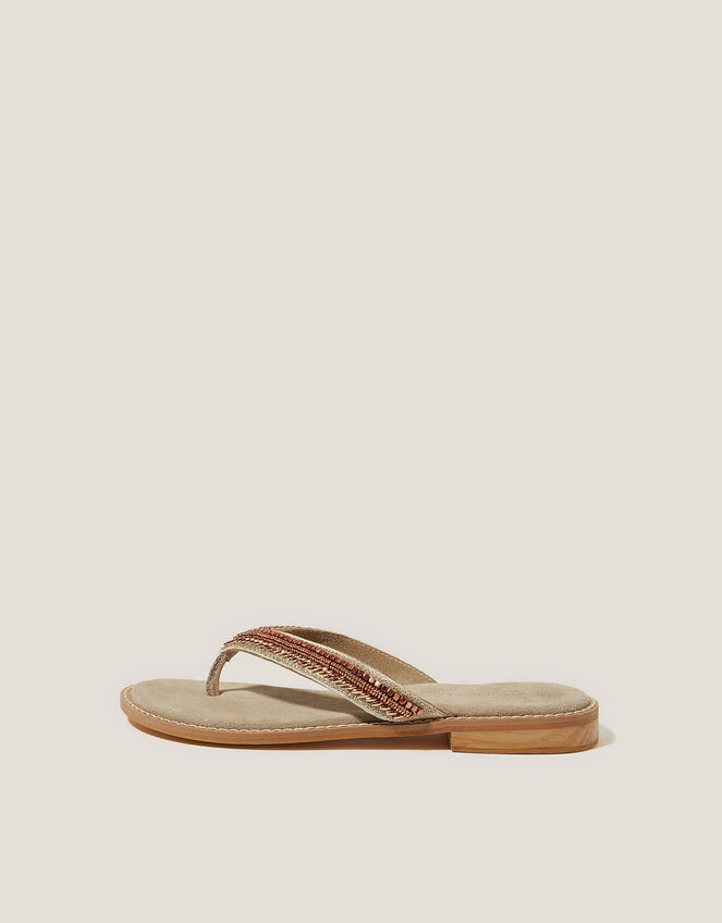 Sia Beaded Leather Flip Flop Sandals, Bronze (BRONZE), large