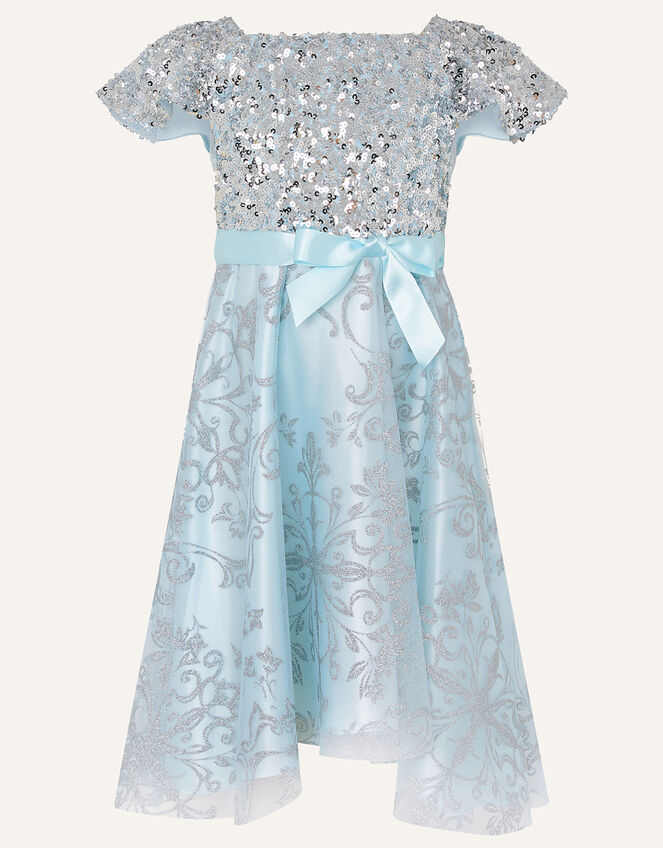Sequin Glitter Print High Low Dress , Blue (BLUE), large