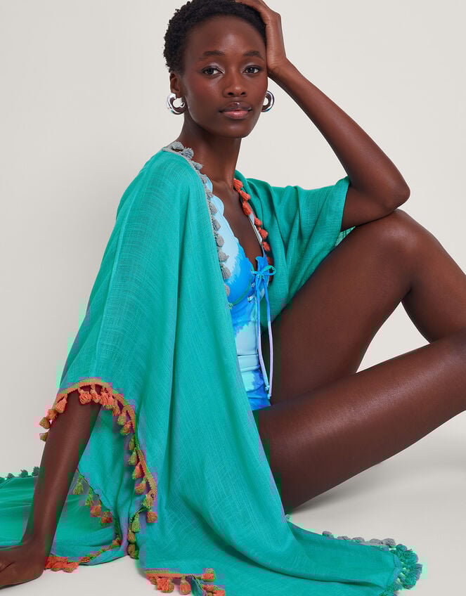 Contrast Tassel Beach Cover-Up, Blue (TURQUOISE), large
