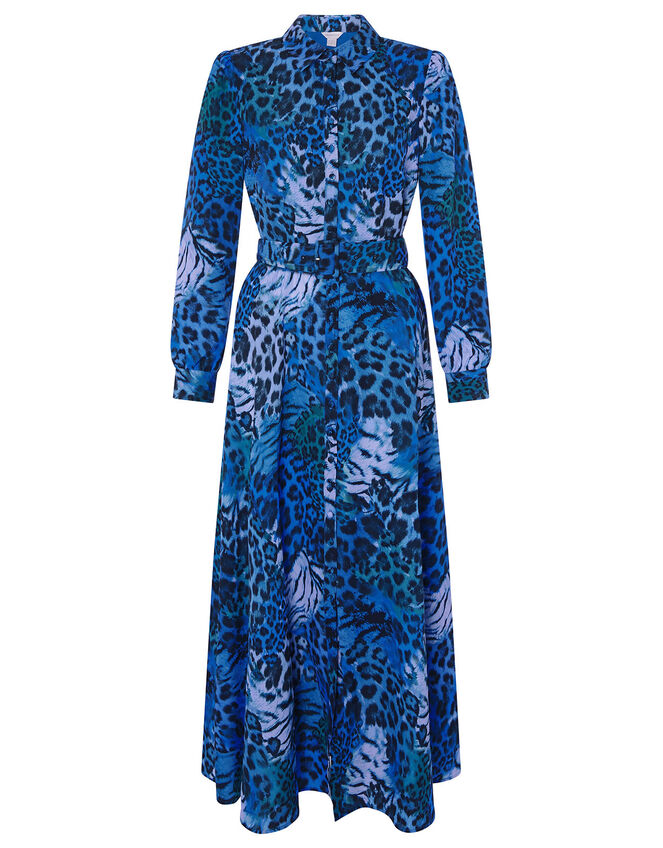 Andrea Animal Print Shirt Dress, Blue (COBALT), large
