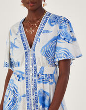 Shell Print Maxi Kaftan Dress in Linen Blend, Ivory (IVORY), large