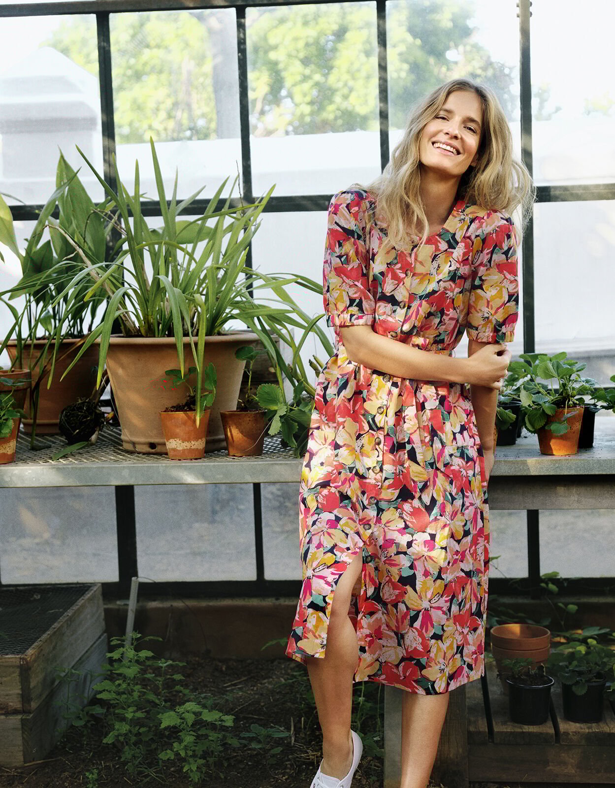 Verna Floral Midi Dress in Linen and Organic Cotton Blue