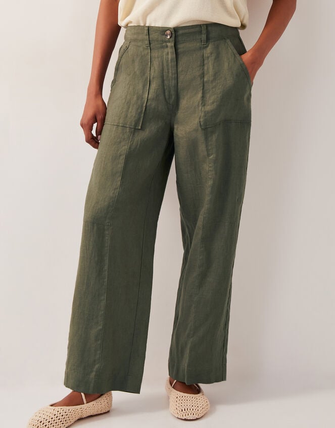 Jolie Short Linen Wide Leg Trousers, Green (KHAKI), large