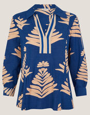 Pamela Linen Blend Leaf Print Top, Blue (COBALT), large