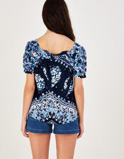 Paisley Floral Printed Square Neck Top , Blue (NAVY), large