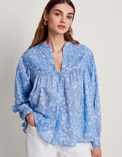 Dahlia Print Oversized Shirt, Blue (BLUE), large