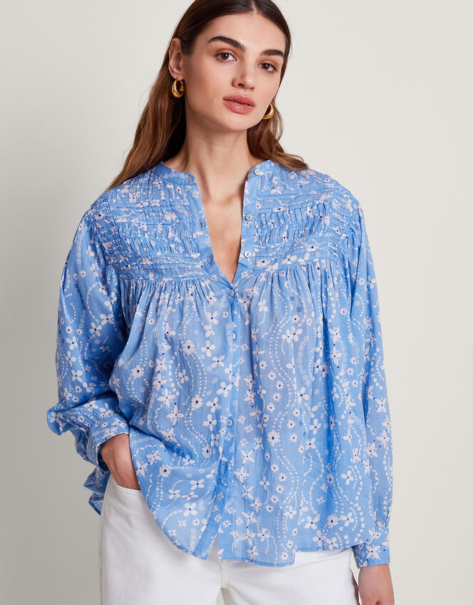 Dahlia Print Oversized Shirt, Blue (BLUE), large