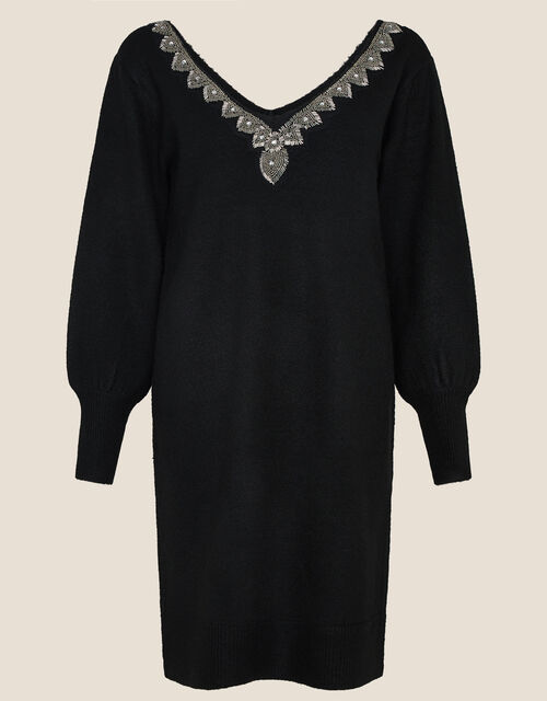 Embellished V-Back Knit Dress, Black (BLACK), large