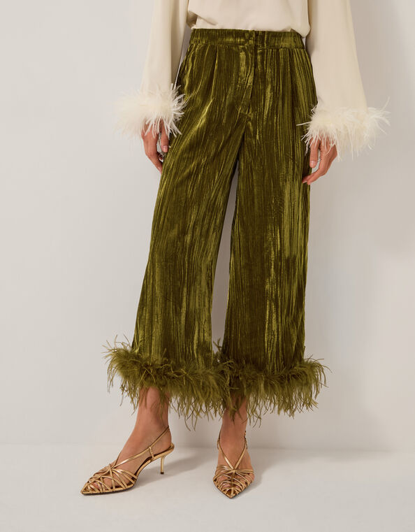 Olivia Feather Cuff Velvet Trousers, Green (OLIVE), large