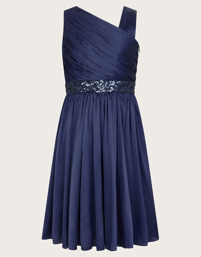 Satin Abigail One-Shoulder Dress, Blue (NAVY), large