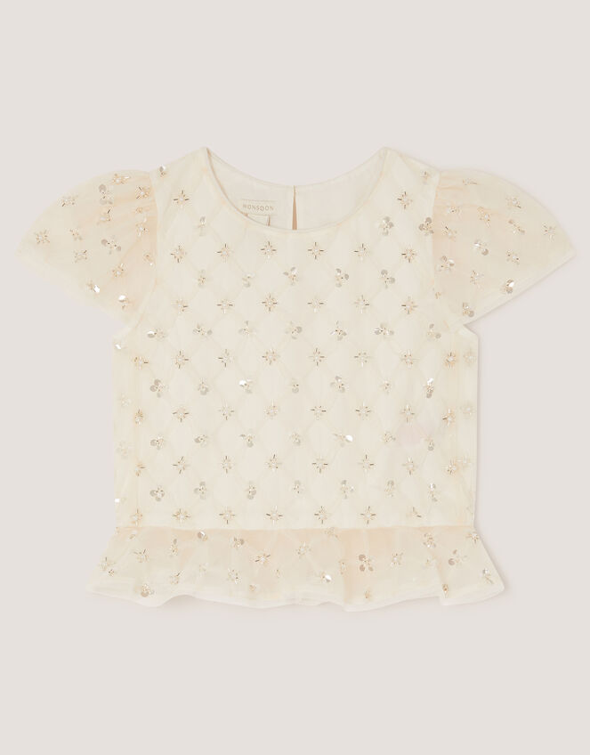 Gracie Embellished Peplum Top , White (WARM IVORY), large