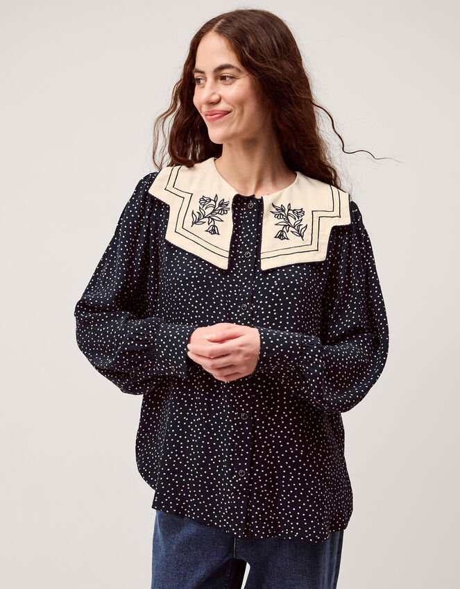 Ivy Embroidered Collar Polka Dot Blouse, Blue (NAVY), large