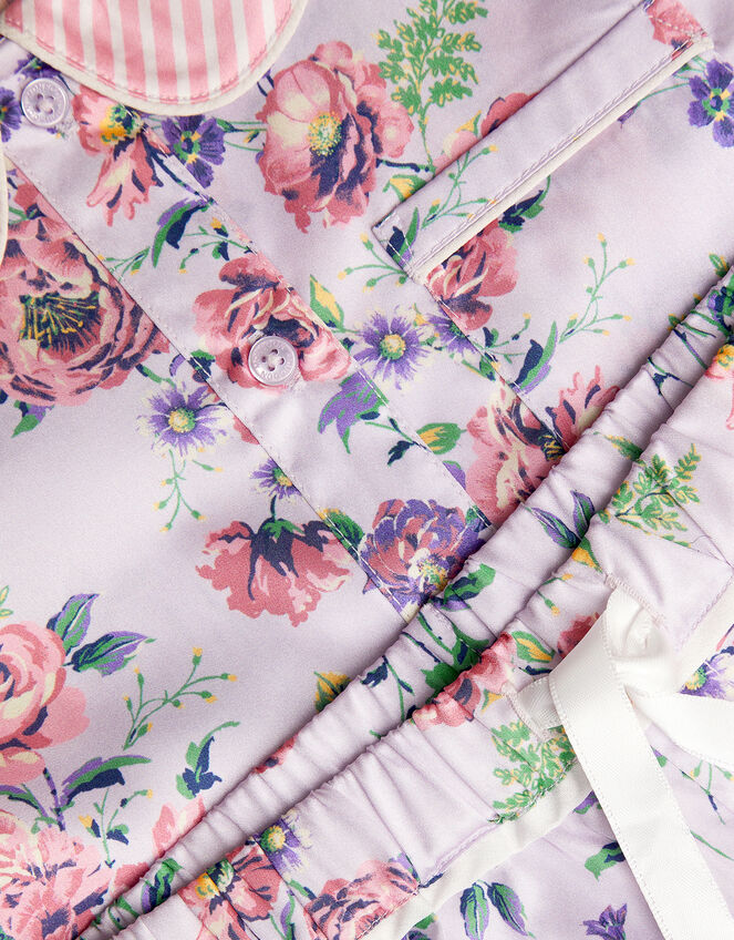 Floral Stripe Satin Long Pyjamas Set, Purple (LILAC), large