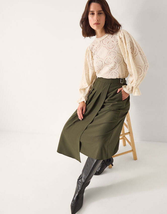 Jillian Pleated Kilt Midi Skirt , Green (KHAKI), large