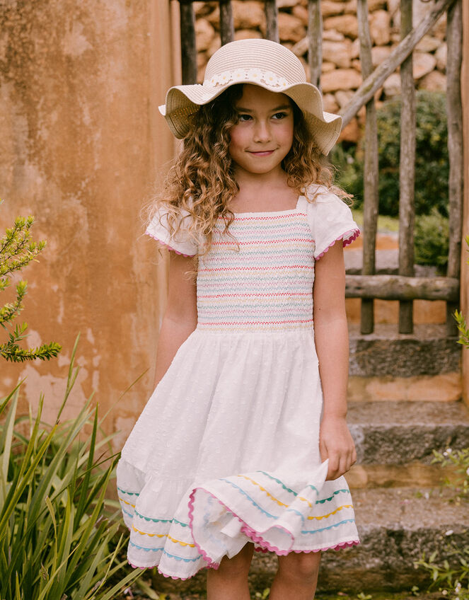 Shirred Ricrac Trim Dress in Sustainable Cotton, White (WHITE), large