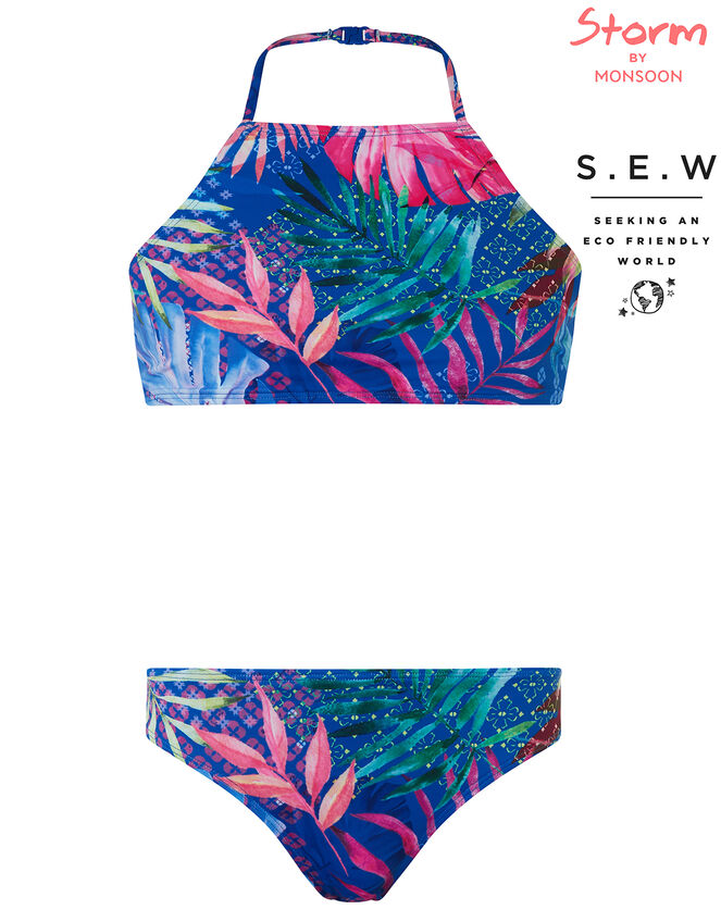 Delida Palm Print Bikini Set with Recycled Polyester, Blue (BLUE), large
