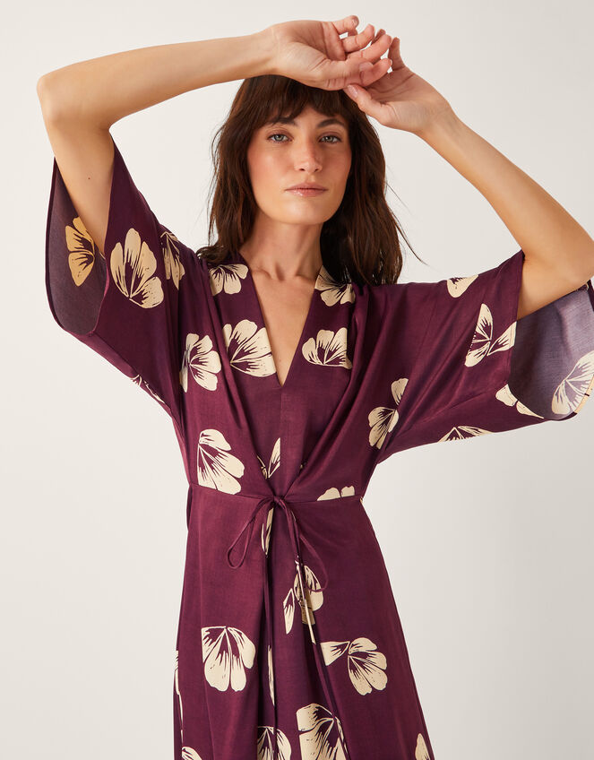 Roz Floral Midi Wrap Dress, Red (BURGUNDY), large