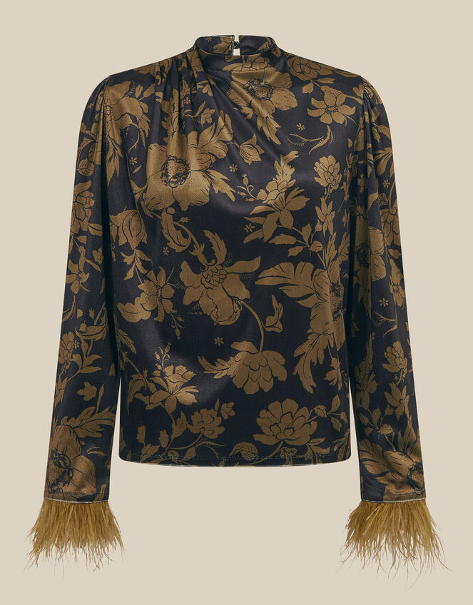 Princella Feather Sleeve Floral Velvet Top, Blue (NAVY), large