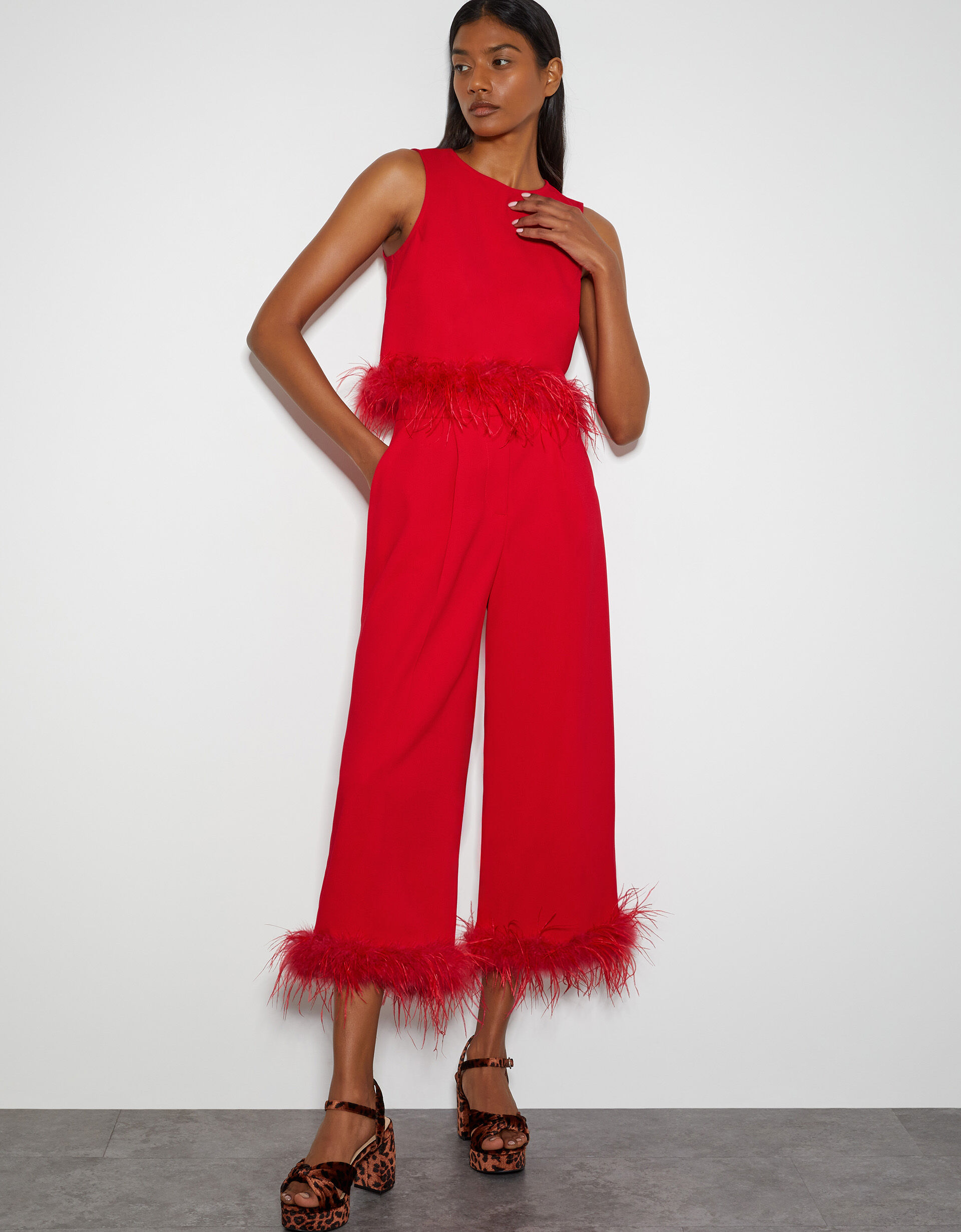 Monsoon x Sarah Corbett-Winder Feather Trim Crop Top Red