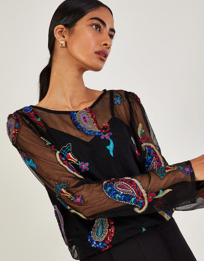 Philpine Embroidered Top in Recycled Polyester, Black (BLACK), large