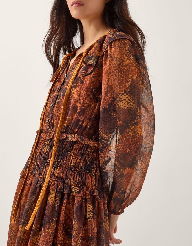 Synthia Snake Print Smocked Midi Dress, Yellow (OCHRE), large