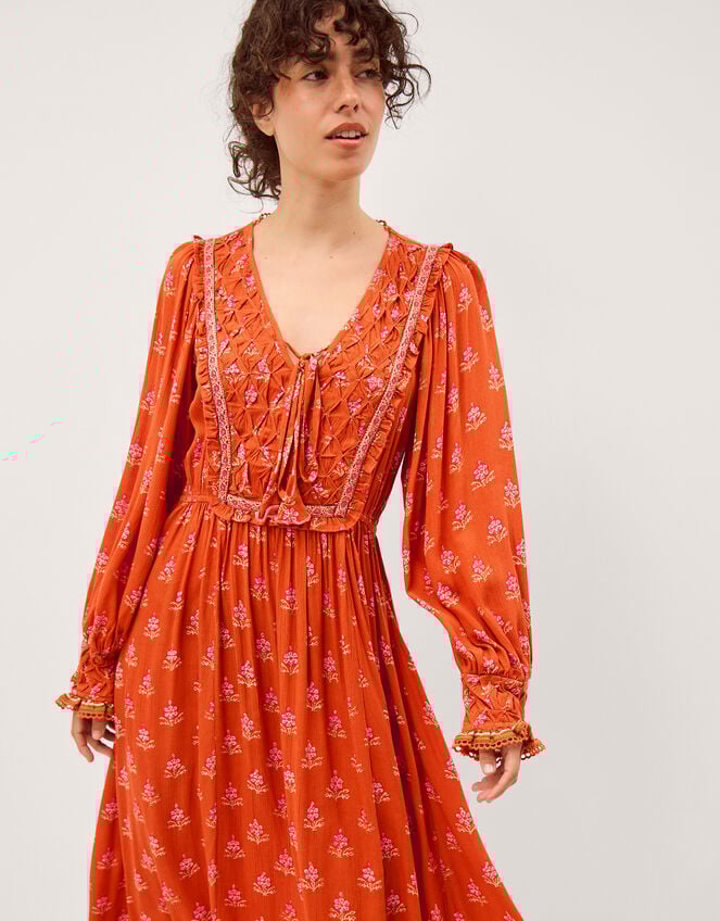 Amaya Floral Print Midi Dress, Orange (ORANGE), large