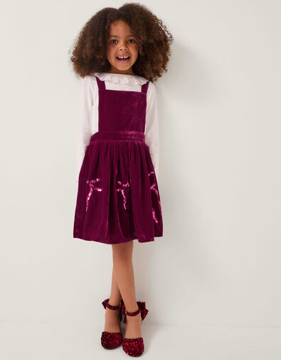 Broderie Top & Bow Velvet Pinafore Dress Set, Red (BURGUNDY), large