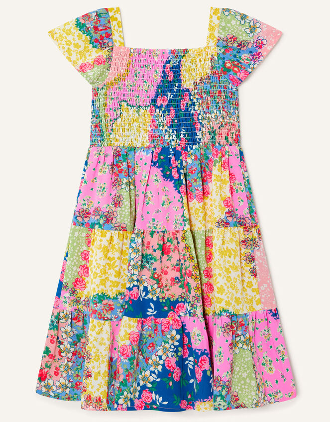 Patchwork Button-Through Shirred Dress , Blue (BLUE), large