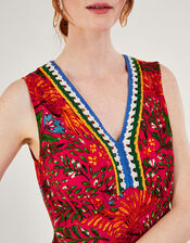 Leaf Print Crochet Trim Dress in Linen Blend, Red (RED), large
