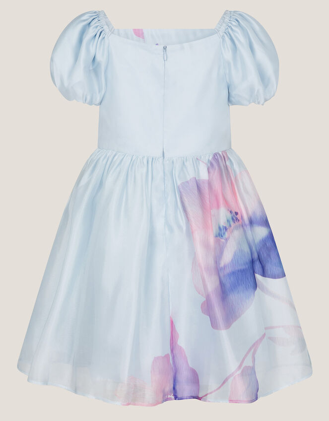 Pansy Puff-Sleeve Satin Dress, Blue (BLUE), large