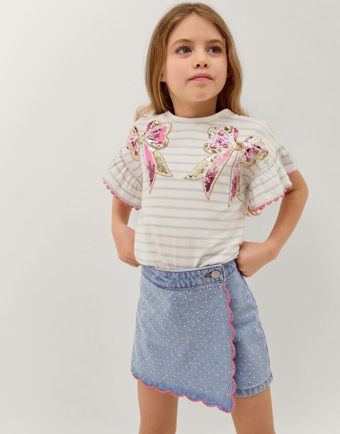 Rhinestone Scallop Denim Skort, Blue (BLUE), large