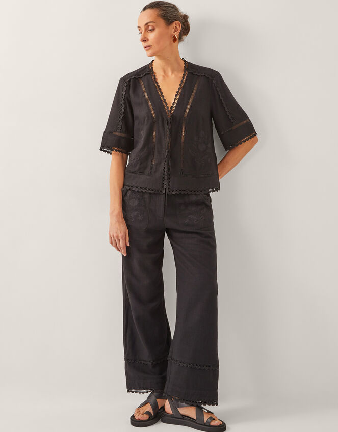 Hayley Embroidered Linen Blend Tie Top, Black (BLACK), large