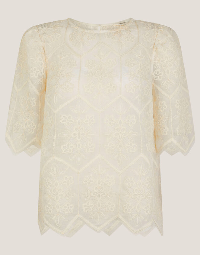 Clara Sheer Embroidered Top, Ivory (IVORY), large