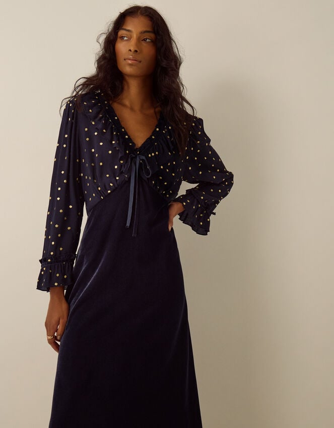 Stevie V-Neck Foil Polka Dot Velvet Midi Dress, Blue (MIDNIGHT), large