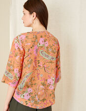 Paisley Print Top in Linen Blend, Orange (CORAL), large