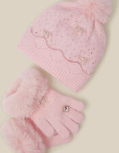 Glam Bobble Hat & Gloves Set, Pink (PINK), large