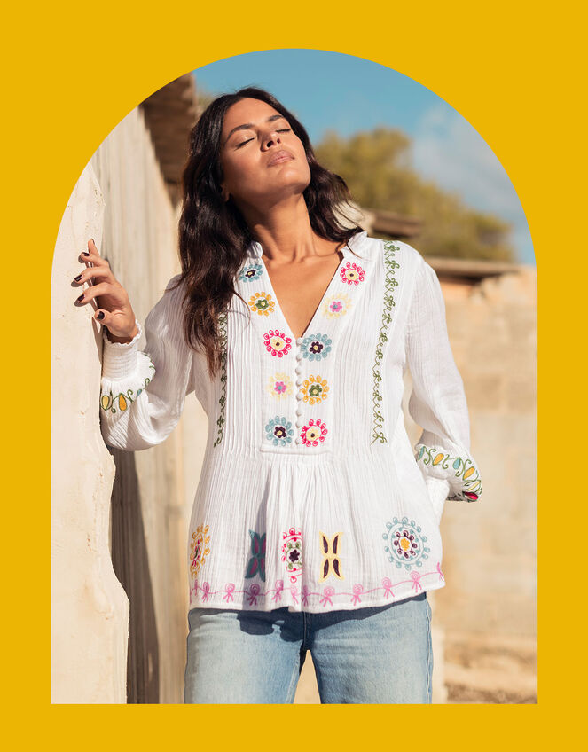 La Galeria Elefante Hand-Embroidered Blouse, White (WHITE), large