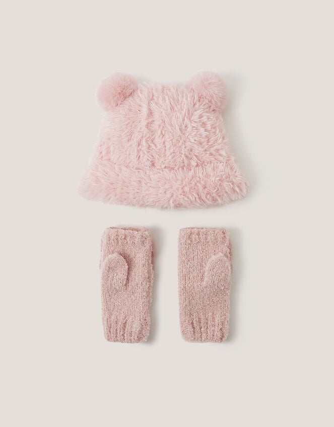 Fluffy Teddy Hat & Mitten Set, Pink (PINK), large
