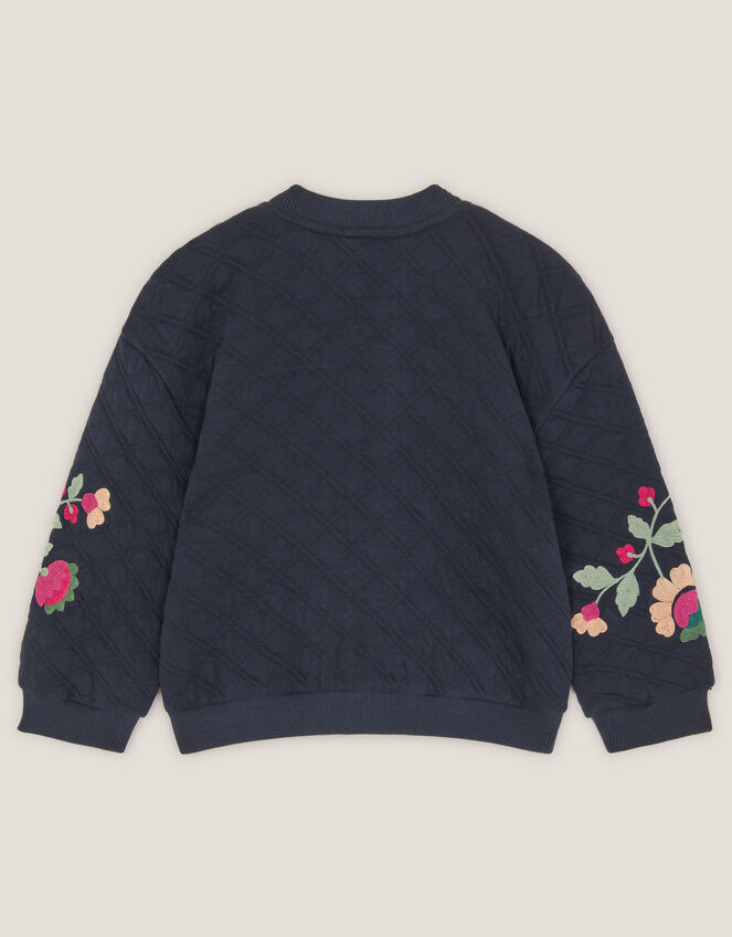 Floral Embroidered Quilted Bomber Jacket, Blue (NAVY), large