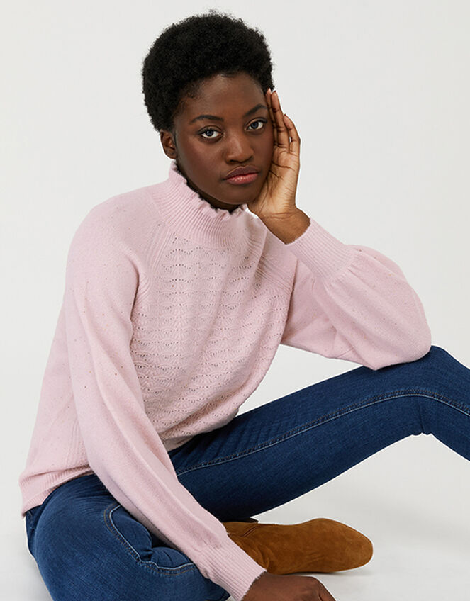 Ruffle Neck Stitchy Knit Jumper, Pink (PINK), large