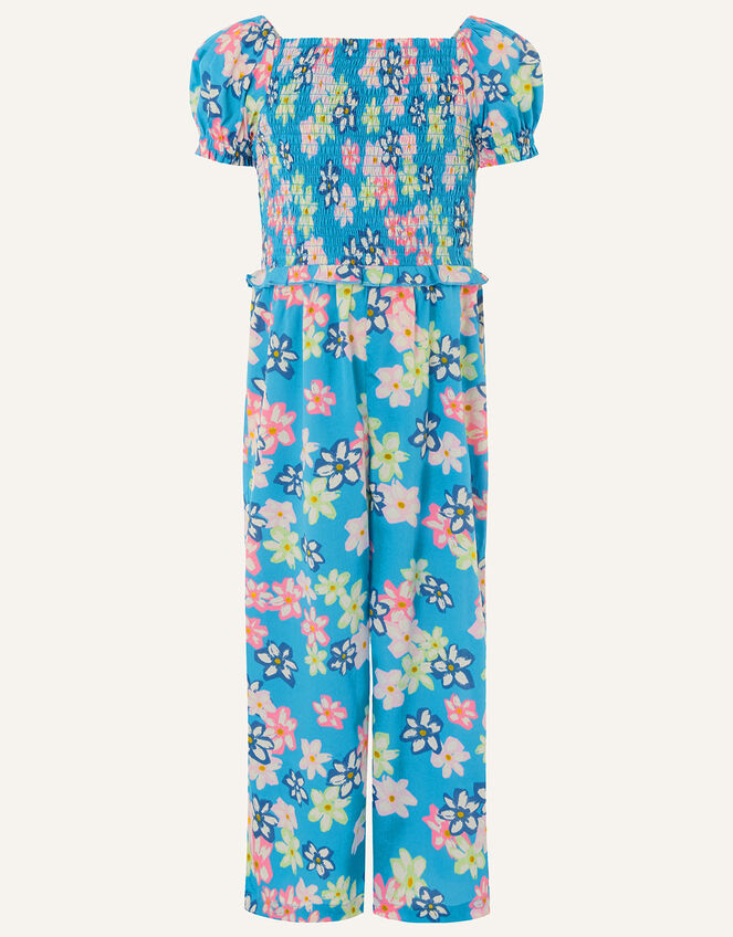 Floral Shirred Jumpsuit, Blue (BLUE), large