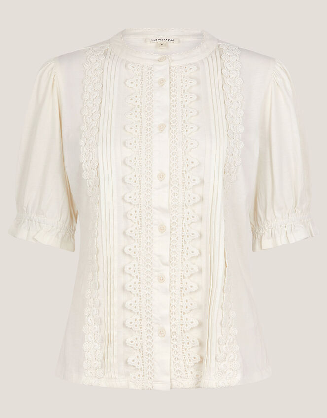 Lia Lace Puff-Sleeve Blouse, Ivory (IVORY), large
