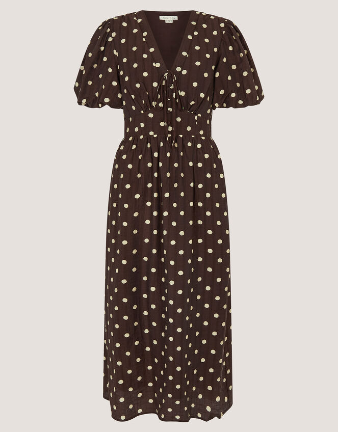 Paris Puff Sleeve Polka Dot Midi Dress Brown | Day Dresses | Monsoon UK.