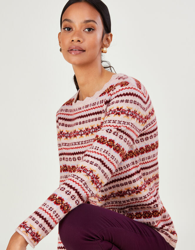 Scallop Neck All-Over Fair Isle Print Jumper, Pink (PINK), large