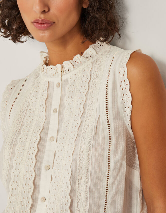 Trish Sleeveless Ruffle Shirt, Ivory (IVORY), large