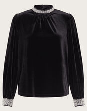 Tate Bead Trim Velvet Top, Black (BLACK), large