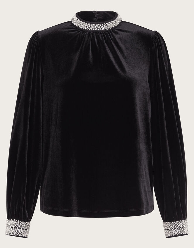 Tate Bead Trim Velvet Top, Black (BLACK), large