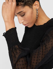 Sienna Sheer Blouse with Shirred Bodice, Black (BLACK), large