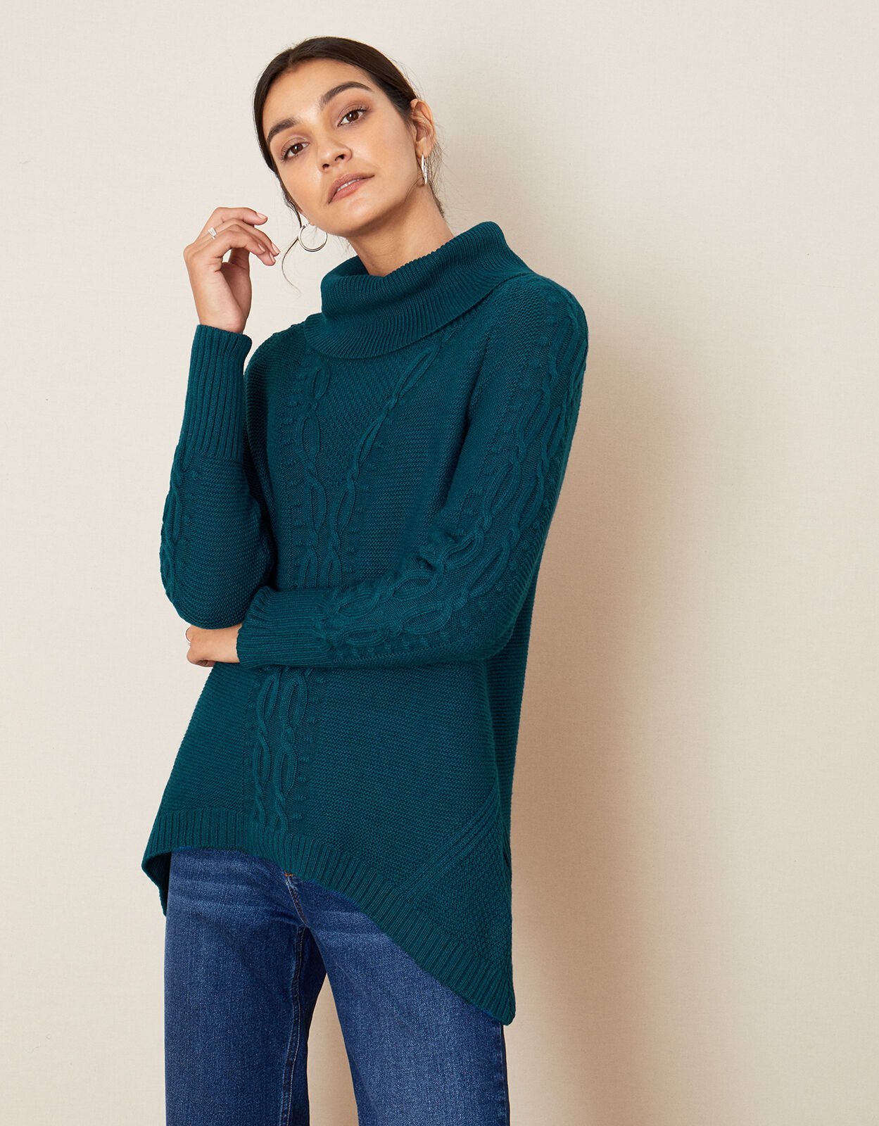 Roll Neck Cable Knit Jumper Teal